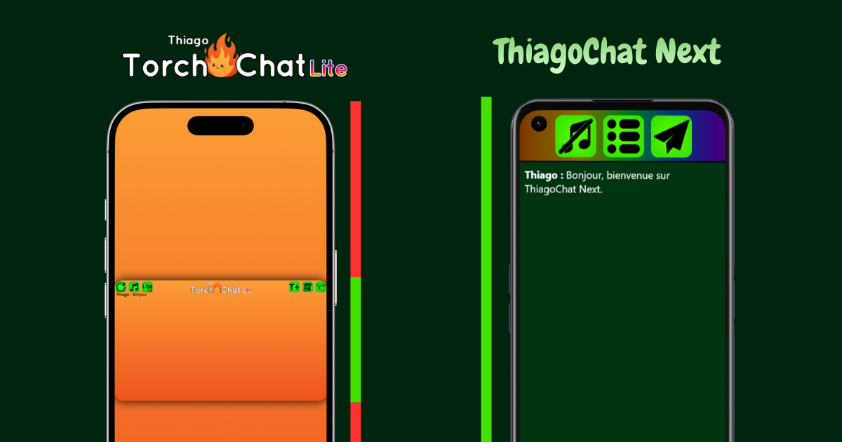 Image de comparaison, à gauche, Torch Chat Lite sur un smartphone en mode portrait, on voit que l'espace disponible n'est pas utilisé à 100% et que l'interface est très petite, à droite, ThiagoChat Next, également sur smartphone en mode portrait, on voit que tout l'espace est utilisé et que l'interface est d'une taille raisonnable.